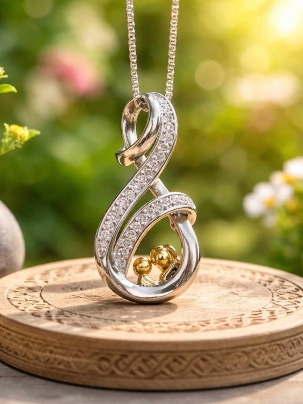 New Two-Tone Sterling Silver Mother and Child Pendant, 18" chain